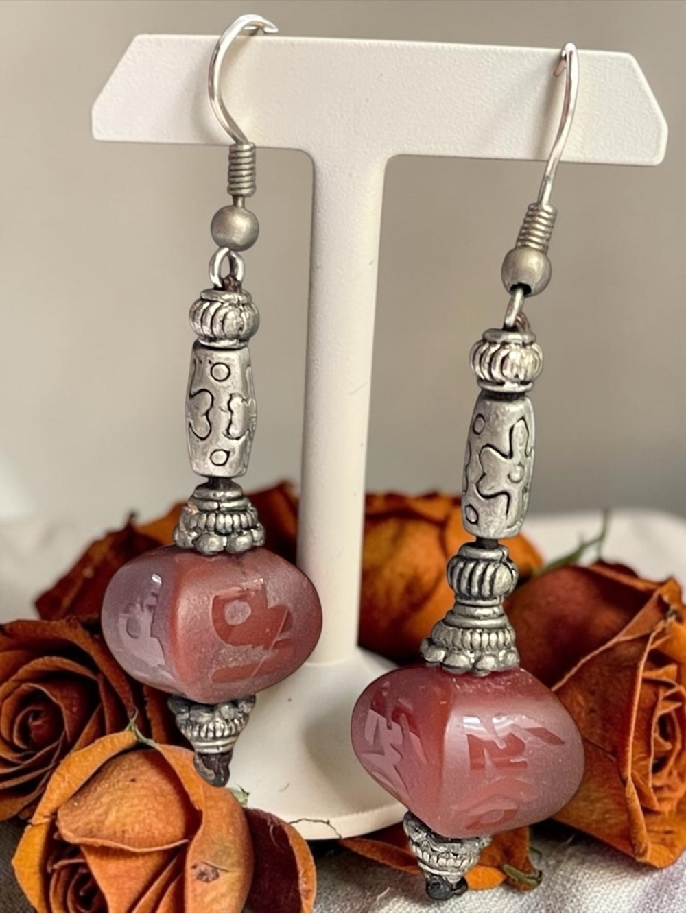 Tibetan Etched Carnelian Bead Sterling Silver Drop Earrings